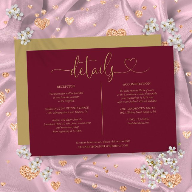 Burgundy And Gold Heart Script Details Information Invitation (Burgundy And Gold Heart Script Details Information Invitation)