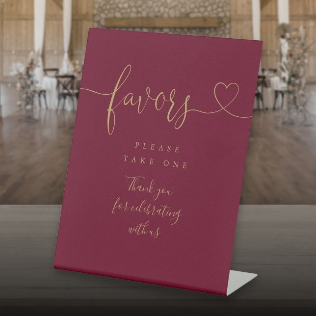 Burgundy And Gold Heart Script Favours Pedestal Sign (Burgundy And Gold Heart Script Favors Pedestal Sign)