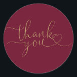 Burgundy And Gold Heart Script Thank You Classic Round Sticker<br><div class="desc">Elegant burgundy and gold heart script thank you sticker,  perfect for all occasions. Designed by Thisisnotme©</div>