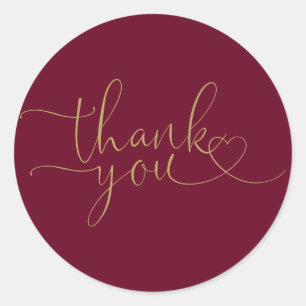 Burgundy And Gold Heart Script Thank You Classic Round Sticker