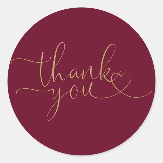 Burgundy And Gold Heart Script Thank You Classic Round Sticker (Front)