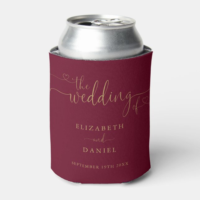 Burgundy And Gold Heart Script Wedding Can Cooler (Can Front)