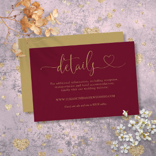 Burgundy And Gold Heart Script Wedding Details Enclosure Card