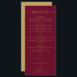 Burgundy And Gold Heart Script Wedding Dinner Menu<br><div class="desc">This elegant burgundy and gold heart script wedding menu can be personalised with your information in chic typography. Designed by Thisisnotme©</div>