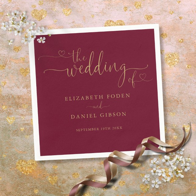 Burgundy And Gold Heart Script Wedding Napkin (Burgundy And Gold Heart Script Wedding Napkins)