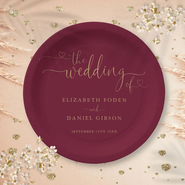 Burgundy And Gold Heart Script Wedding Paper Plate (Burgundy And Gold Heart Script Wedding Paper Plates)