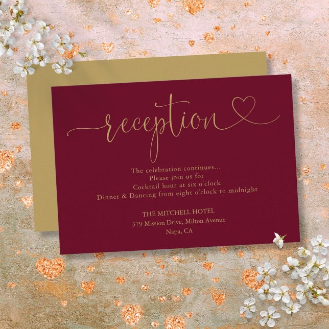 Burgundy And Gold Heart Script Wedding Reception Enclosure Card (Burgundy And Gold Heart Script Wedding Reception Enclosure Card)