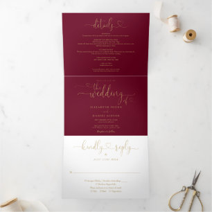 Burgundy And Gold Heart Script Wedding Tri-Fold Invitation