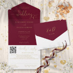 Burgundy And Gold Hearts Script QR Code Wedding All In One Invitation<br><div class="desc">All in one burgundy and gold wedding invitation featuring elegant hearts script typography and monogram initials. The invitation includes a perforated RSVP card with your wedding website QR code and details. Designed by Thisisnotme©</div>
