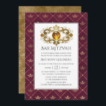 Burgundy and Gold Heraldic Monogram Bar Mitzvah Invitation<br><div class="desc">Vintage luxury crown lattice bar mitzvah invitation with a monogrammed gemstone and a golden damask reverse.</div>