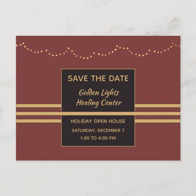 Burgundy and Gold Holiday Event Save the Date Announcement Postcard (Front)