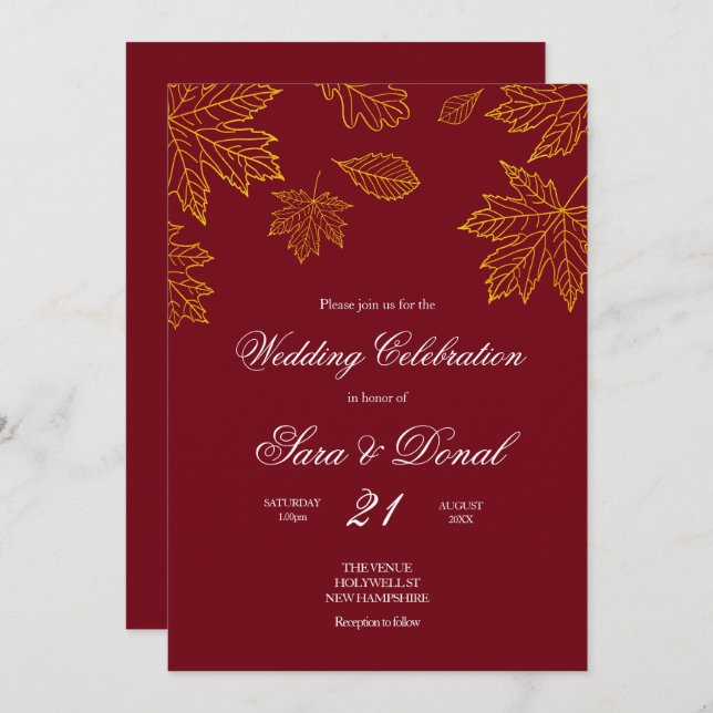 Burgundy and Gold Leaf Autumn Wedding Invitation (Front/Back)