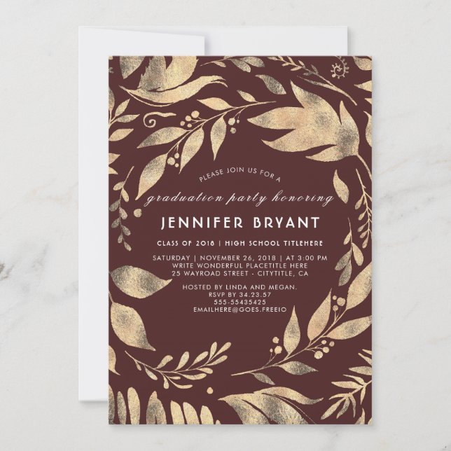 Burgundy and Gold Leaves Fall Graduation Party Invitation (Front)