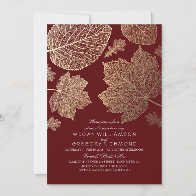Burgundy and Gold Leaves Fall Rehearsal Dinner Invitation (Front)