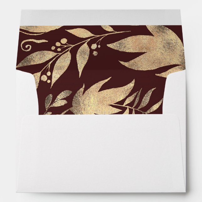 Burgundy and Gold Leaves Fall Wedding Envelope (Back (Bottom))