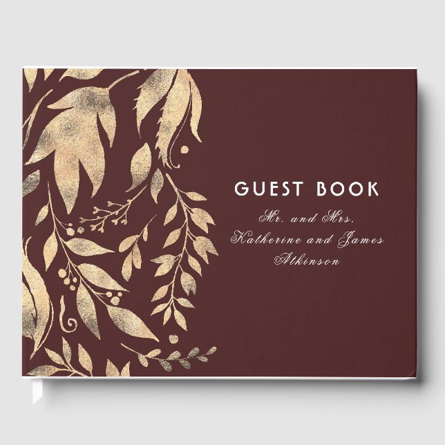 Burgundy and Gold Leaves Fall Wedding Guest Book (Front)
