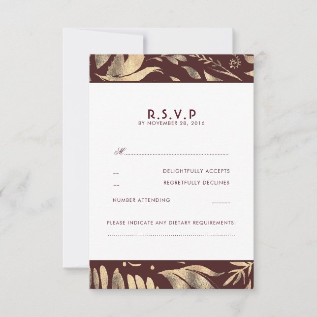 Burgundy and Gold Leaves Fall Wedding RSVP (Front)