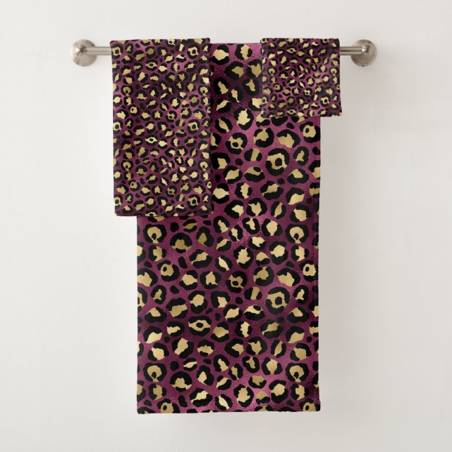 Burgundy and Gold Leopard Series Design 1 Bath Towel Set (Insitu)