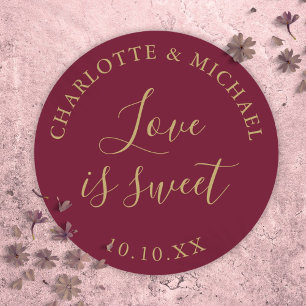 Burgundy And Gold Love Is Sweet Wedding Favour Classic Round Sticker