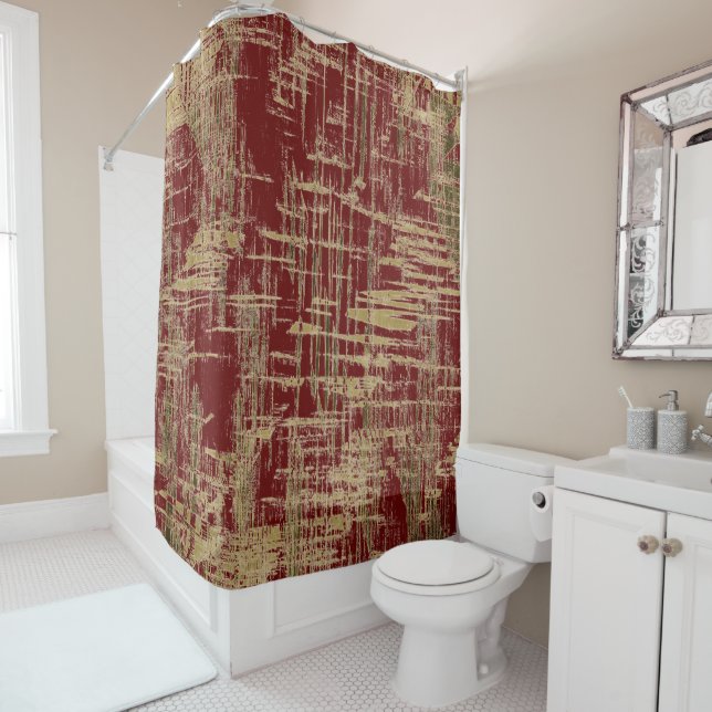 Burgundy and Gold Modern Art Shower Curtain (In Situ)