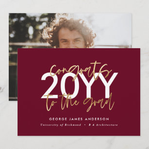 burgundy and gold modern script photo graduation invitation