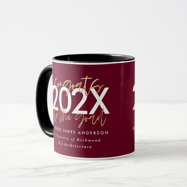 burgundy and gold modern script stylish grad mug (Front Left)