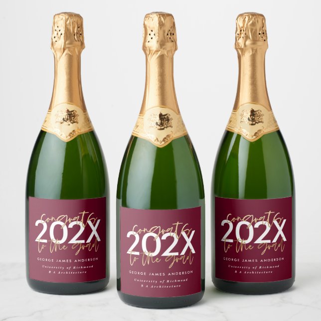 burgundy and gold modern script stylish gradation  sparkling wine label (Bottles)