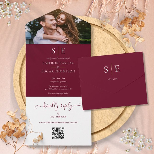 Burgundy And Gold Monogram QR Code Photo Wedding All In One Invitation (Burgundy And Gold Monogram QR Code Photo Wedding All In One Invitation)