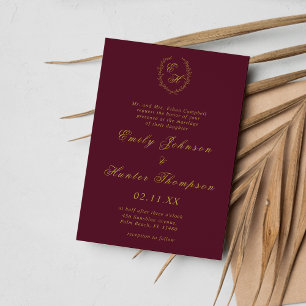 Burgundy and Gold Monogram Wreath Wedding Invitation