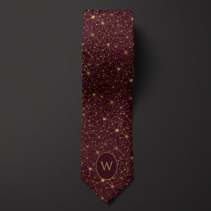Burgundy and Gold Neuron Network Tie