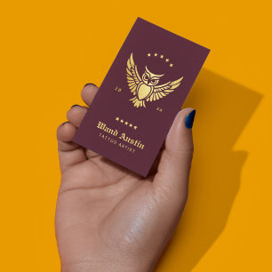 Burgundy And Gold Owl Tattoo Artist Business Card