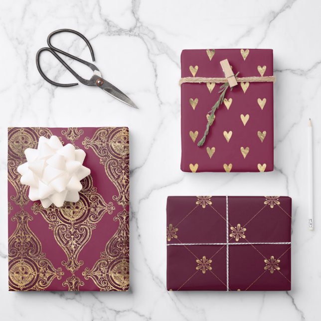 Burgundy and Gold Paris themed Wrapping Paper Sheet (Front)