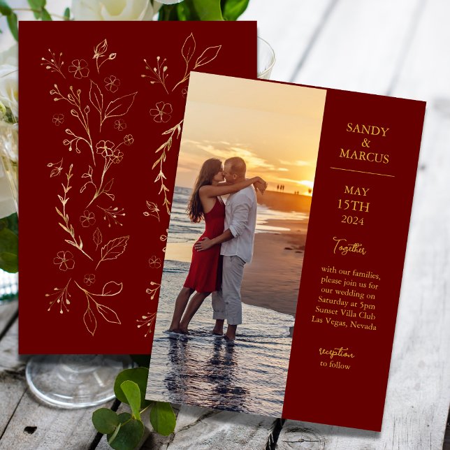 Burgundy And Gold Photo Wedding Invitation (Creator Uploaded)