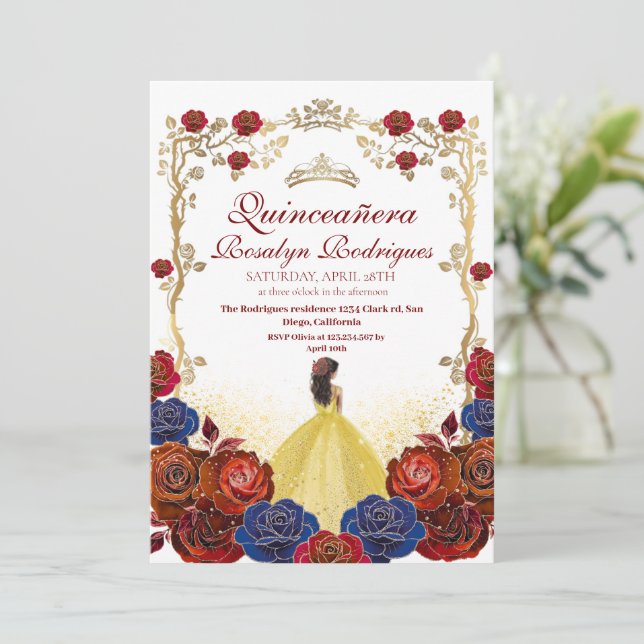 Burgundy and Gold  Quinceanera Beauty & and best Invitation (Standing Front)