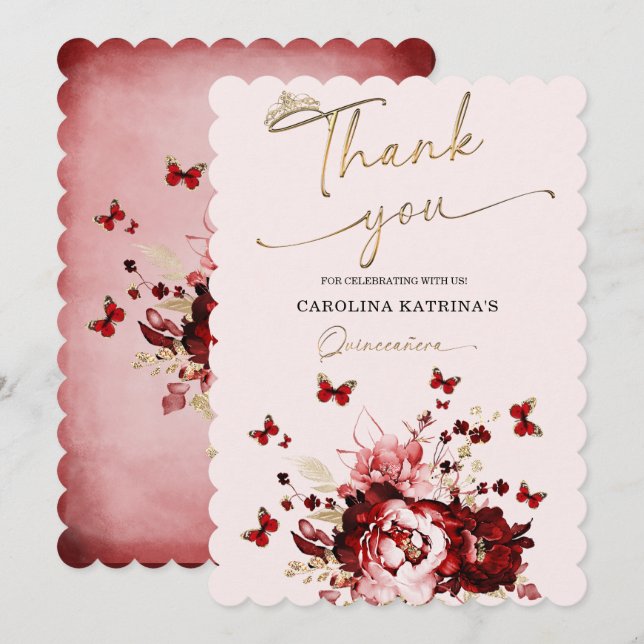 Burgundy and Gold Quinceanera Thank you Invitation (Front/Back)