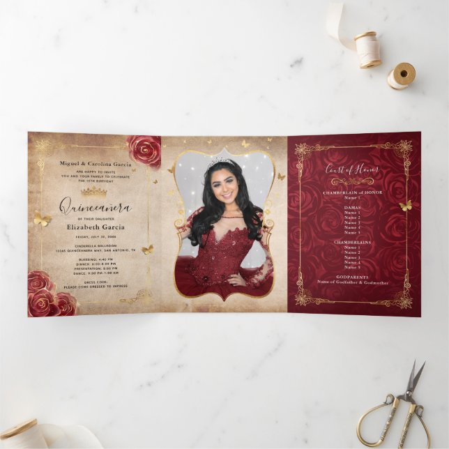 Burgundy and Gold Rose Elegant Photo Quinceanera  Tri-Fold Invitation (Inside)