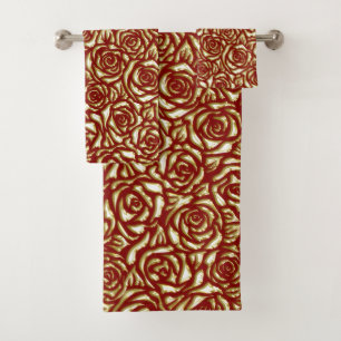 Burgundy And Gold Rose Luxury Floral Pattern Bath Towel Set
