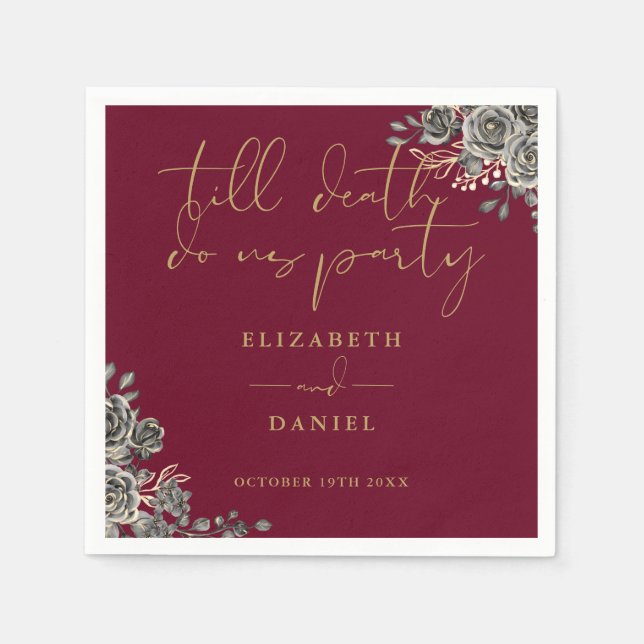 Burgundy And Gold Roses Floral Gothic Wedding Napkin (Front)