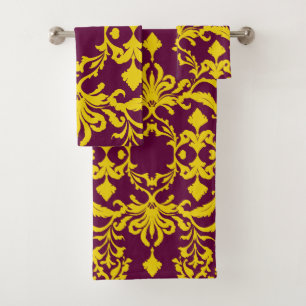 Burgundy and Gold Royal Damask Bath Towel Set