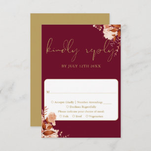 Burgundy And Gold Rustic Floral Wedding RSVP Card