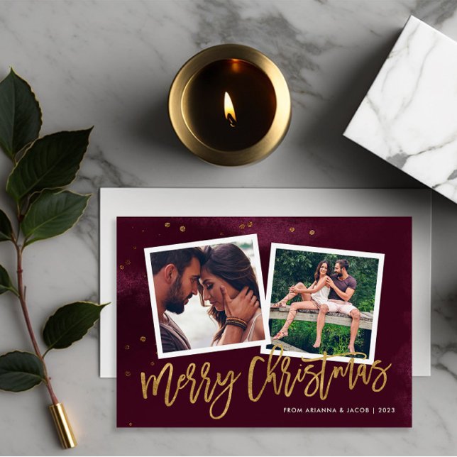 Burgundy and Gold Script Merry Christmas 2 Photo Holiday Card (Creator Uploaded)