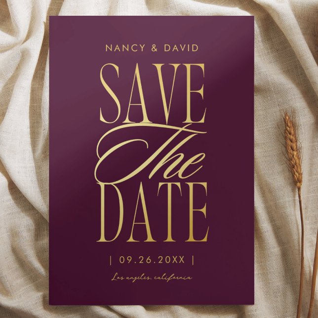 Burgundy And Gold Script Typography Wedding  Save The Date (Creator Uploaded)