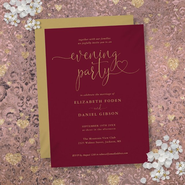 Burgundy And Gold Script Wedding Evening Party Invitation (Burgundy And Gold Script Wedding Evening Party Invitation)
