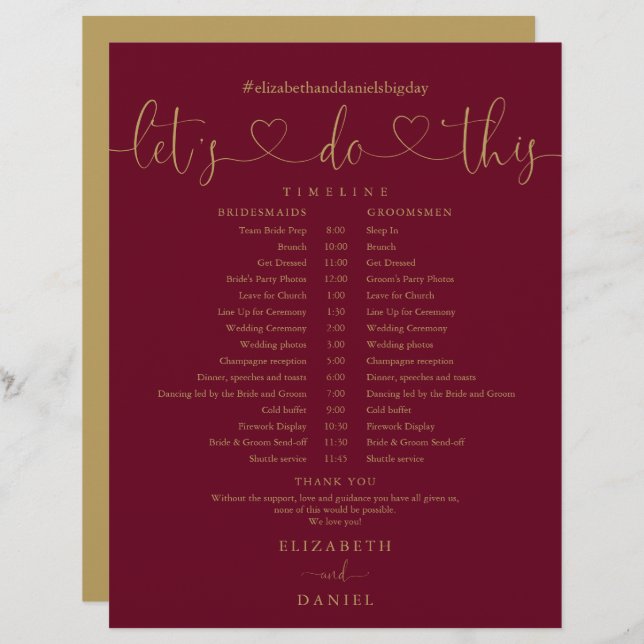 Burgundy And Gold Script Wedding Schedule Timeline (Front/Back)