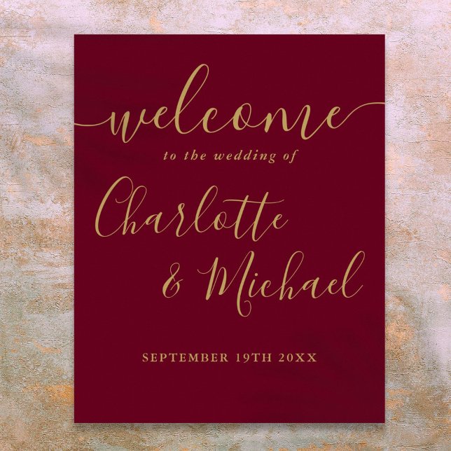 Burgundy and Gold Script Wedding Welcome Sign (Burgundy and Gold Script Wedding Welcome Sign)