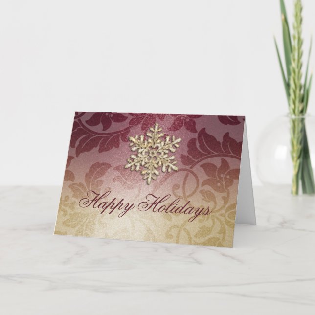 Burgundy and Gold Shimmer Damask Holiday Card (Front)