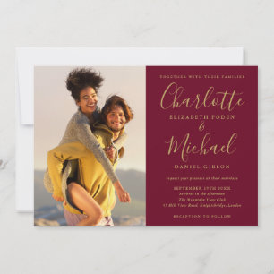 Burgundy and Gold Signature Script Photos Wedding Invitation