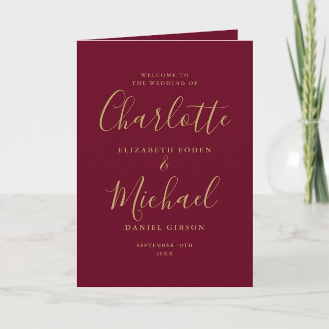 Burgundy and Gold Signature Script Wedding Program (Front)
