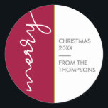 Burgundy and gold | Simple Merry Christmas Script Classic Round Sticker<br><div class="desc">: Add a touch of modern elegance to your holiday season with our "Elegant Yuletide" Burgundy and Gold Simple Merry Christmas Script Classic Round Sticker. This sticker is a perfect blend of contemporary design and festive charm, ideal for personalising your Christmas gifts, cards, and decorations. The sticker features the word...</div>