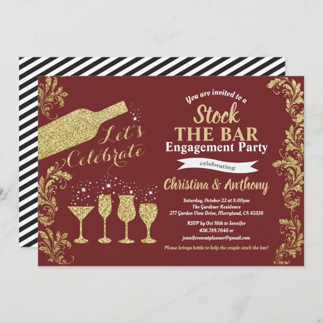 Burgundy and gold stock the bar engagement party invitation (Front/Back)